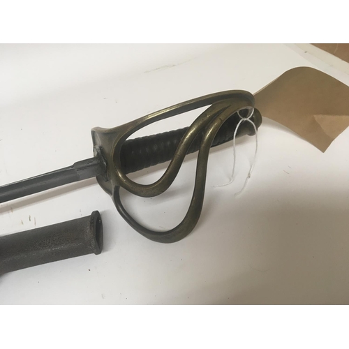 2153 - A 19th century cavalry sword with a brass hilt steel blade and with metal scabbard. Length 108cm.
