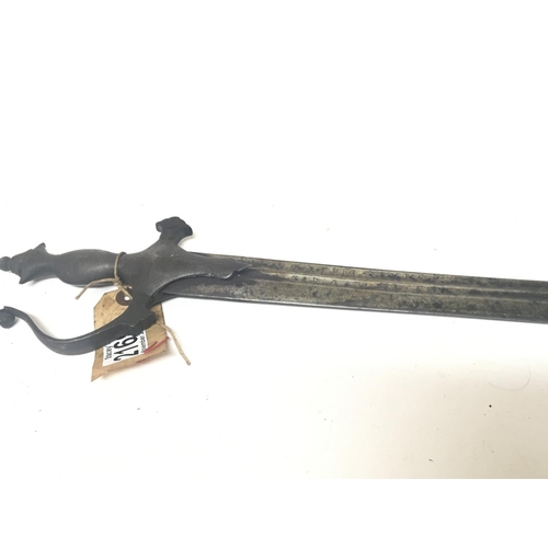 2169 - A Middle Eastern sword with a metal grip curved blade with inscription. Length 94cm