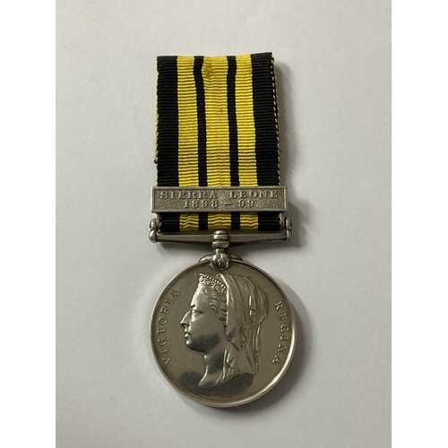 2202 - 1898-1899 east and west Africa medal with Sierra Leone clasp, awarded to 2296, Pte.A.Rayside 3/W.I.R... 