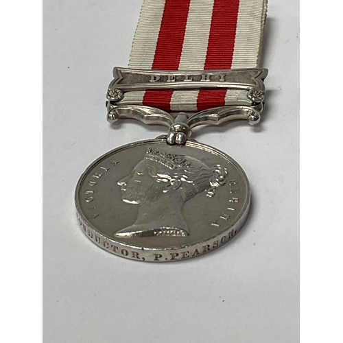 2212 - India Mutiny medal 1857-58 with Delhi Bar, marked to Sub Conducter, P.Pearson.