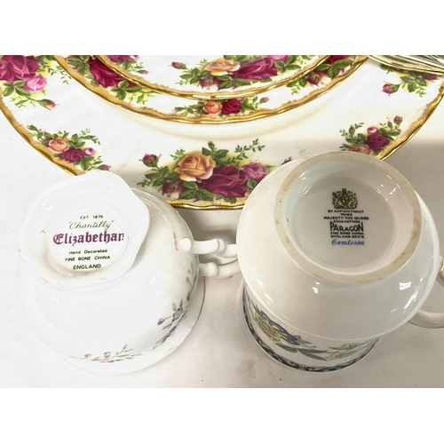 1040 - Chantilly & Paragon tea sets, Royal Albert Old Country Rose plates and 2 x dishes