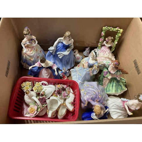 1061 - A collection of Royal Doulton figures, Royal Albert and porcelain doll.