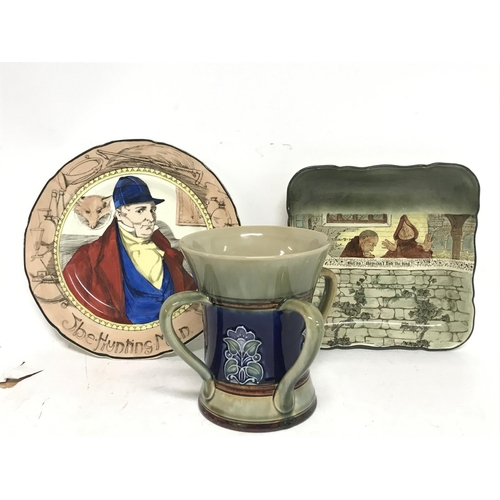 1065 - Royal Doulton art ceramics- nouveau four handled tyg mug, The Hunting Man dish and a dish depicting ... 