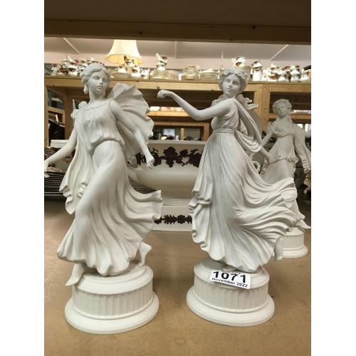 1071 - A Wedgwood twin handled bowl of classical form together with three dancing hour figurines