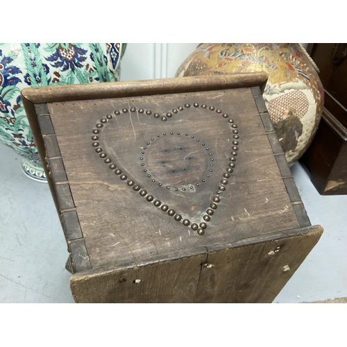 1291 - A Victorian pine and zinc lined cooler with copper and brass stud work decoration. 56 x 41 x 31cm