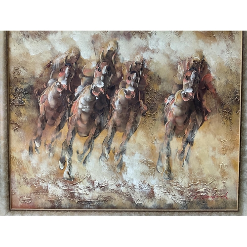 1454 - A framed acrylic on canvas of racehorses signed R. Sanford. 69.5cm x 60cm