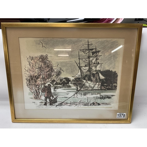 1458 - Harald Lindberg, 1901-1976, Coloured Lithograph 278/300 depicting the Arracan moored, Signed. 52 x 4... 