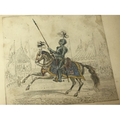 1462 - Two 19th century pencil and watercolour sketches a knight on horse back and a figure of a court lady... 