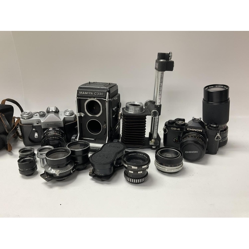 1985 - A box of mixed cameras and camera parts including a Mamiya C330 professional TLR , Zenit B, Chinon S... 