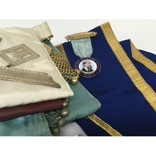 728 - A collection of Masonic regalia including a silver gilt Dickens lodge enamel jewel other jewels etc ... 