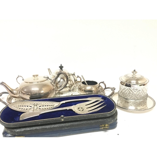 733 - A silver plated tea set a silver plate and cut glass biscuit barrel and cased cutlery (A lot)