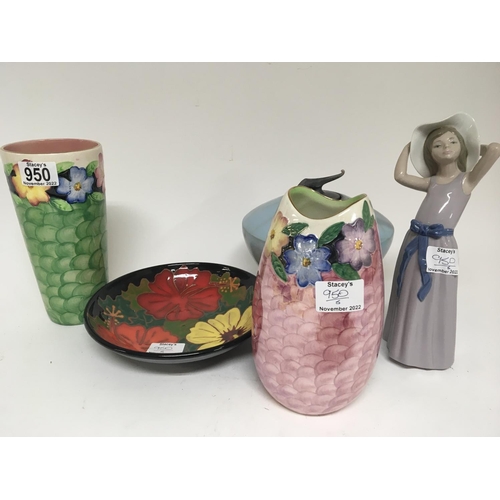 950 - Two Maling ware ceramic vases a Lladro figure of a young girl and pottery dish decorated with flower... 