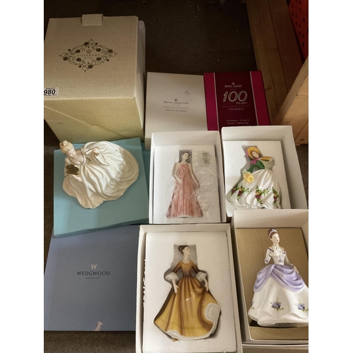 980 - 5 boxed porcelain figurines including Royal Doulton, Royal Albert and Coalport together with 3 wedge... 