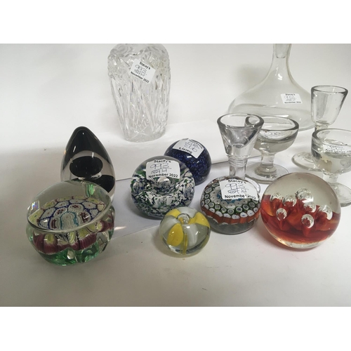 993 - A collection of four 19th century ice cram glasses glass paperweights and four glass decanters (a lo... 