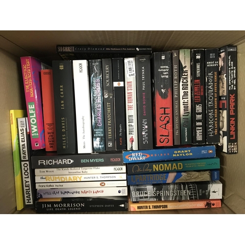 1085 - Two boxes of mainly music biographies including Miles Davis, Jim Morrison,  Rick Wakeman, Marilyn Ma... 