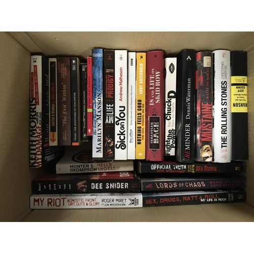 1085 - Two boxes of mainly music biographies including Miles Davis, Jim Morrison,  Rick Wakeman, Marilyn Ma... 