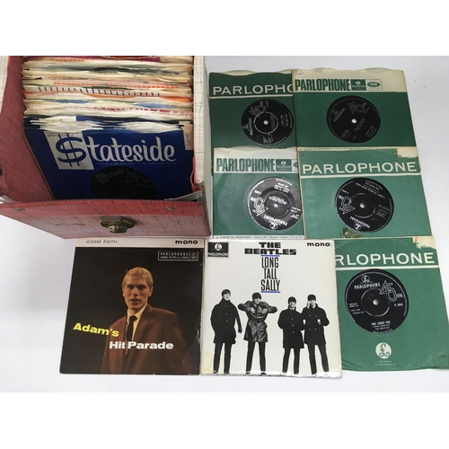 128 - A record case of 7inch singles and EPs comprising mainly 1960s artists including The Beatles.