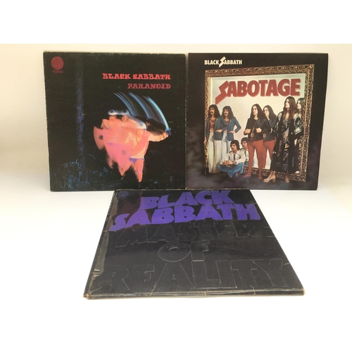 148 - Three first UK pressings of Black Sabbath LPs comprising 'Paranoid', 'Master Of Reality' and 'Sabota... 