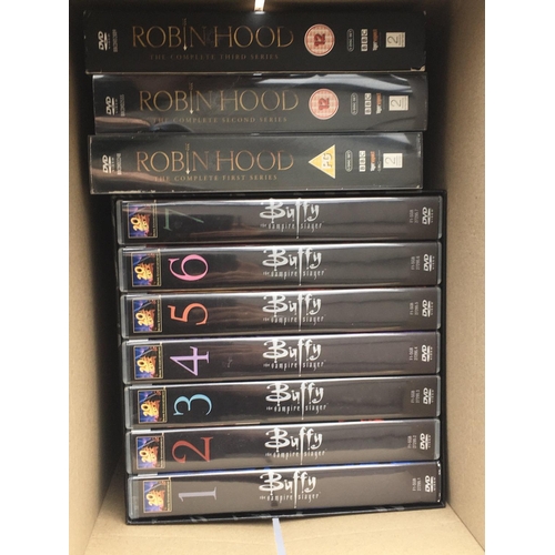 163 - A collection of DVDs, CDs and cassettes comprising a Buffy DVD box set, Robin Hood DVD box set, Star... 