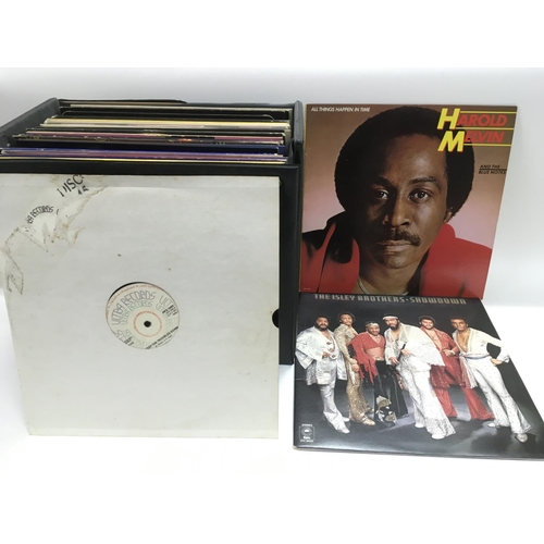 28 - A record case of LPs and 12inch singles by various soul, pop and disco artists including The Commodo... 