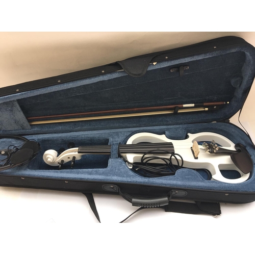 A cased Cecilio electric violin in white with bow.
