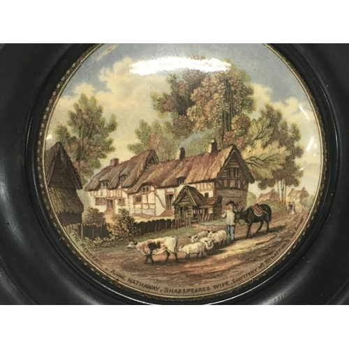 1014 - 4 Victorian pot lids featuring designs of The residence of Anne Hathaway & The village wedding