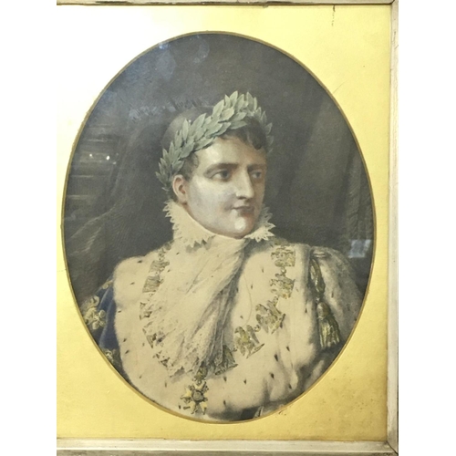 1095 - A tinted portrait of Napoleon Bonaparte in his Emperors regalia. Possibly commissioned to mollify th... 