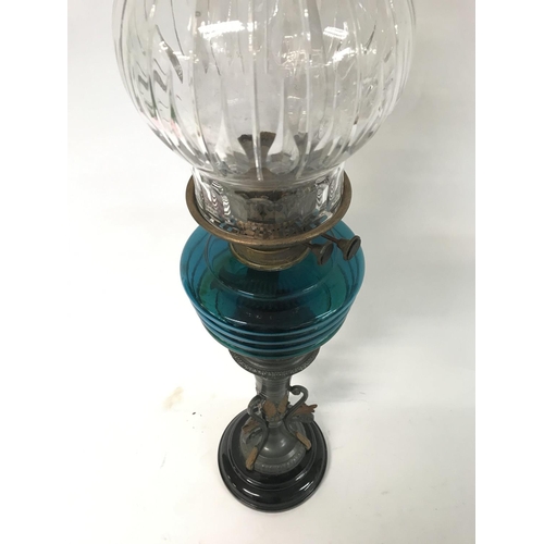 1108 - Victorian oil lamp with unusual base, blue glass reservoire and heavy cut glass shade