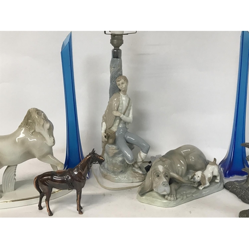 1135 - Lladro nao lamp, dog and horse ornaments, a pair of blue glass vases & silver plated table candle st... 