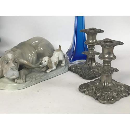 1135 - Lladro nao lamp, dog and horse ornaments, a pair of blue glass vases & silver plated table candle st... 