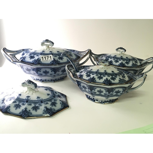 1171 - Three late Victorian blue and white tureens and a spare lid damage and repair.