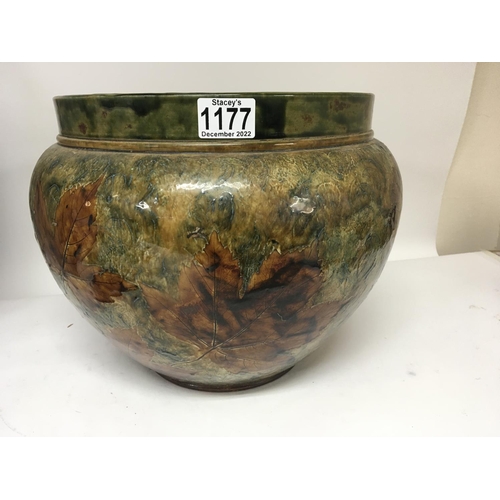 1177 - A large Royal Doulton stoneware jardiniere decorated with leaf pattern on a green ground. Hight 28cm... 