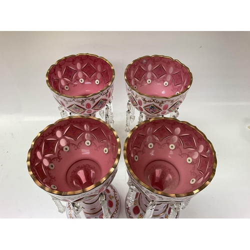 1188 - Victorian Lustres with floral designs, some missing & damaged crystals. Approximately 25cm tall