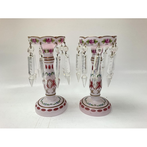 1189 - Victorian Lustres with floral designs, approximately 21cm & 25.5cm tall