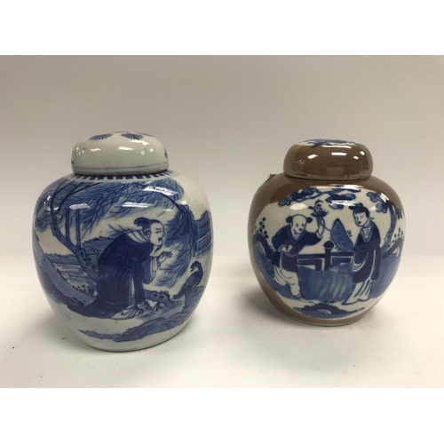 1202 - Two Chinese ginger jars decorated with figures amongst landscape views. Small hairline crack on one ... 