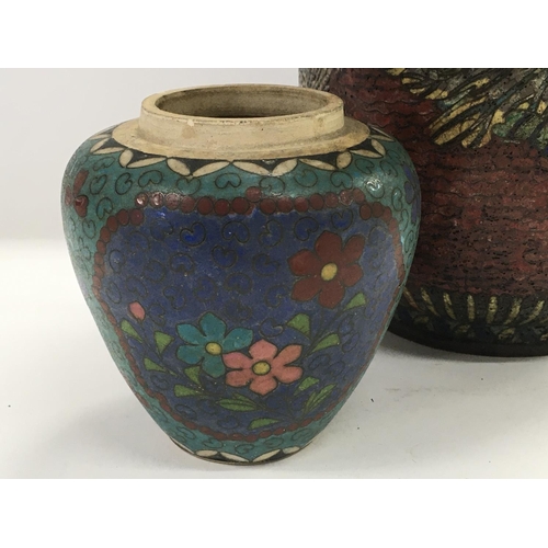 1232 - A Chinese cloisonne vase decorated with flowers and foliage and a small pottery vase decorated with ... 