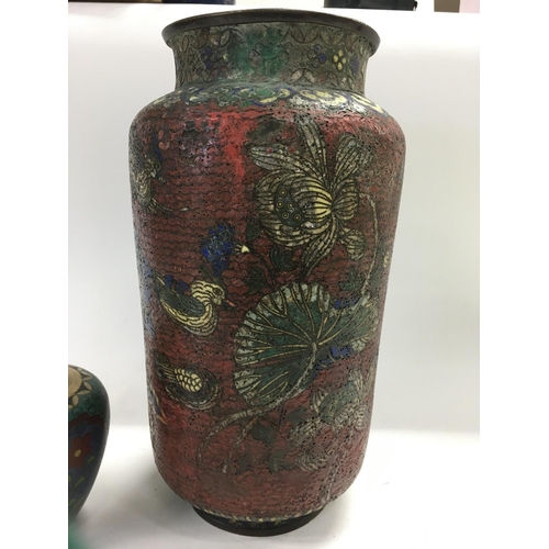 1232 - A Chinese cloisonne vase decorated with flowers and foliage and a small pottery vase decorated with ... 