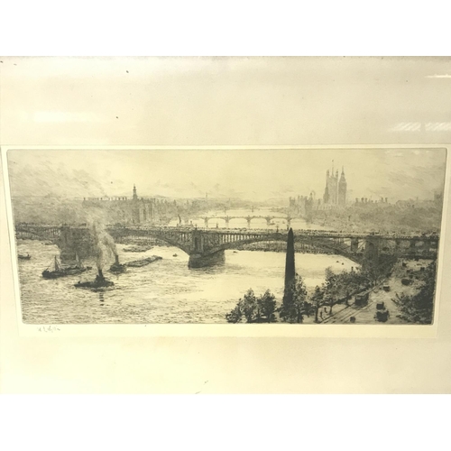 1504 - Two framed etchings by William Lionel Wyllie RA (1851-1931), a view of the old Charring Cross Bridge... 