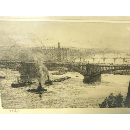 1504 - Two framed etchings by William Lionel Wyllie RA (1851-1931), a view of the old Charring Cross Bridge... 