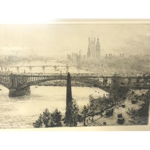 1504 - Two framed etchings by William Lionel Wyllie RA (1851-1931), a view of the old Charring Cross Bridge... 