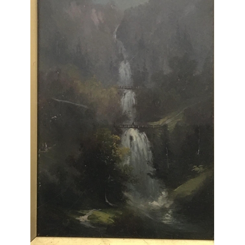 1526 - A gilt framed oil painting 19th century view of a waterfall with bridges and figures frame size 37cm... 