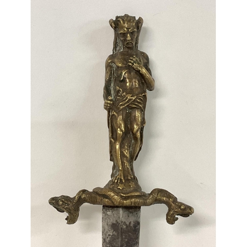 1644 - Romantic/Ritual dagger and scabbard brass grip in the shape of the horned Devil, holding a dagger on... 