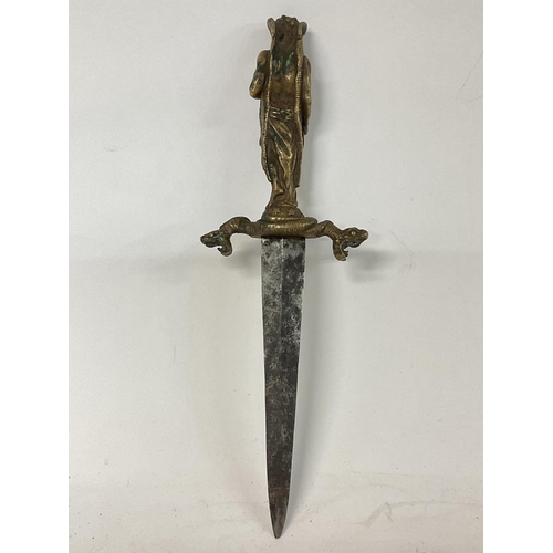 1644 - Romantic/Ritual dagger and scabbard brass grip in the shape of the horned Devil, holding a dagger on... 