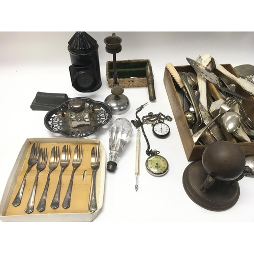 810 - Large collection of silver plated cutlery- pocket watches and other oddments.