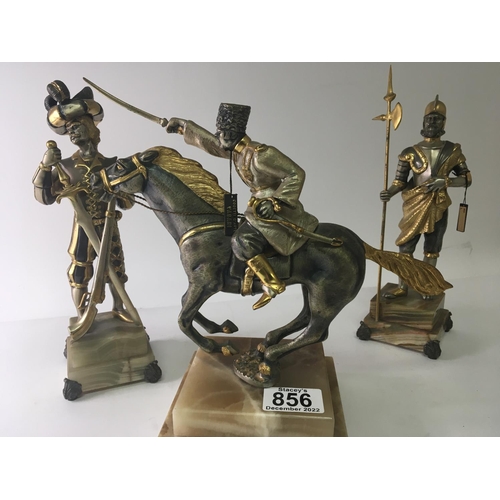 856 - Three 20th century cast and gold plated sculptures of knights and cavalry on onyx bases by Giuseppe ... 