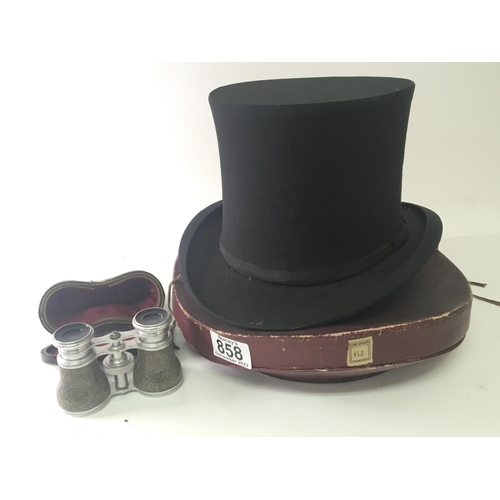 858 - A Vintage folding top hat with box size 6 7/8 and a pair of opera glasses (2)