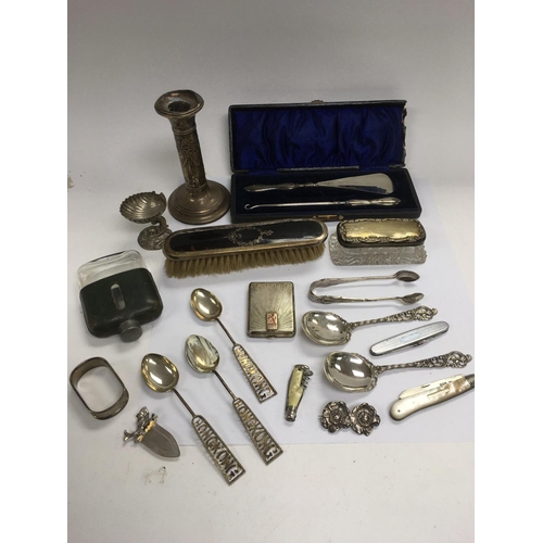 861 - A collection of silver and white metal items including a silver candlestick, trinket box, penknife e... 