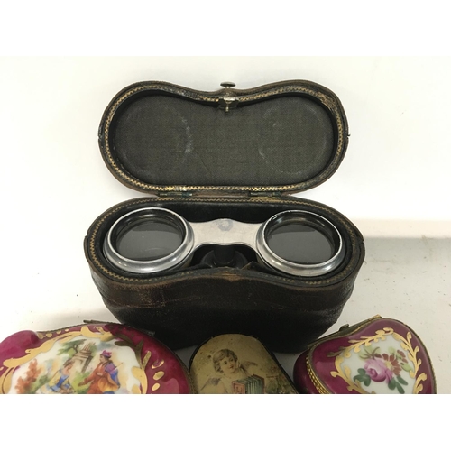 964 - Opera glasses & trinket boxes including one Silver plated box