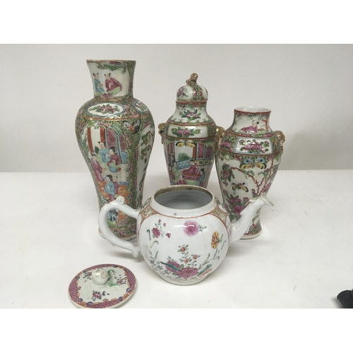 1 - An 18th century Chinese Export  porcelain tea pot and three 19th century Cantonese vases damage and ... 