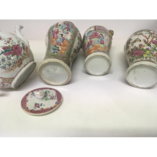 1 - An 18th century Chinese Export  porcelain tea pot and three 19th century Cantonese vases damage and ... 